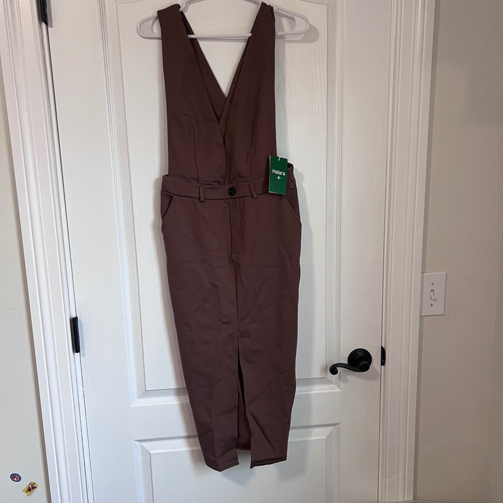 Halara Brown Crossover Back Pinafore Dress V-Neck Front Slit Stretch Small NWT